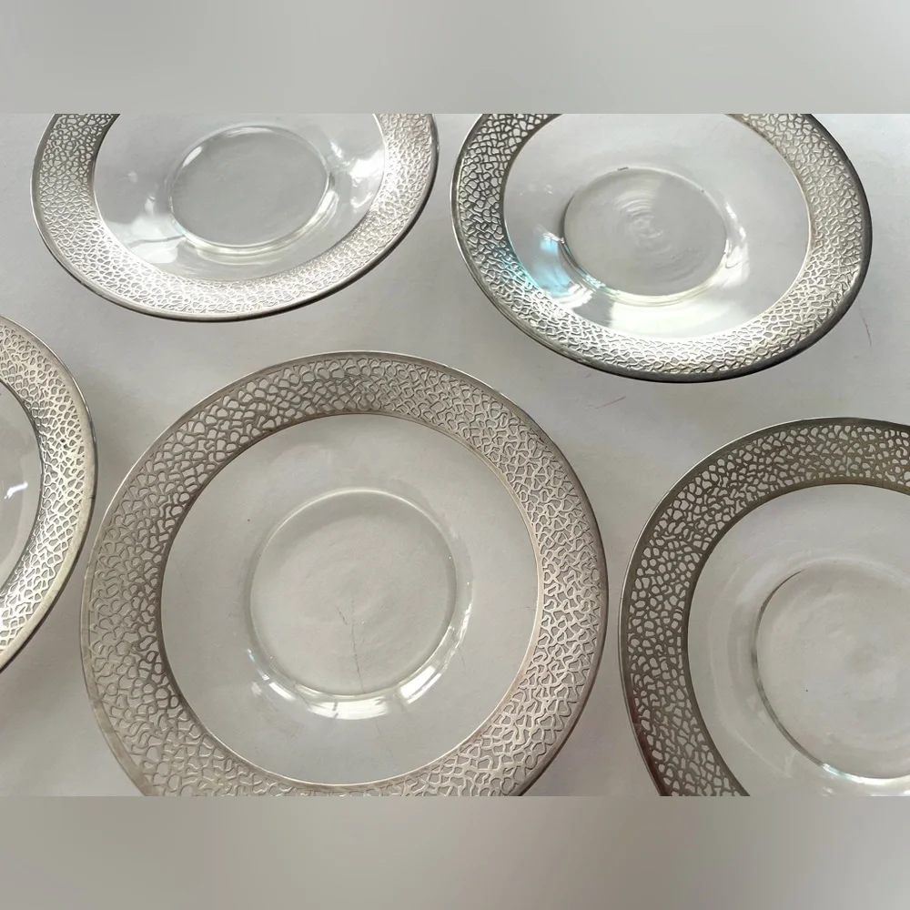 Five Vintage Clear Glass Sterling Silver Lace Overlay Bread Plates